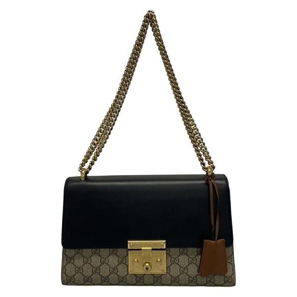 Auth GUCCI Padlock 409486 Beige Ebony Black PVC Leather Shoulder Bag - Picture 1 of 16
